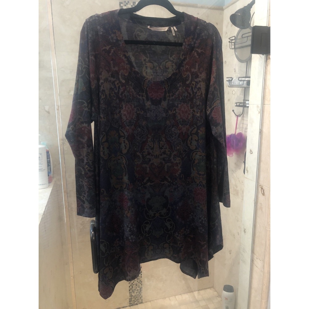 Soft Surroundings Womens XL Asymmetrical Hem Print Sweater Dress Gray Multicolor